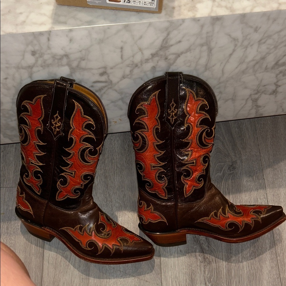 Brown Leather Western Cowboy Boots with Orange Flame Stitching